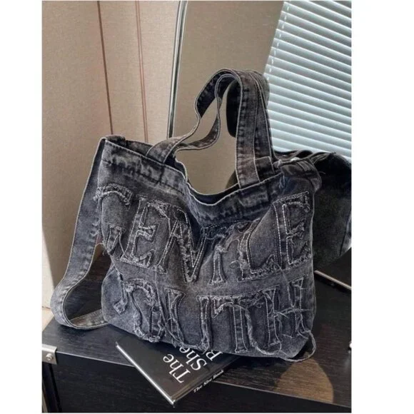 Shein Raw Edge Letter Denim Tote‎ Bag in Black - Picture 5 of 6